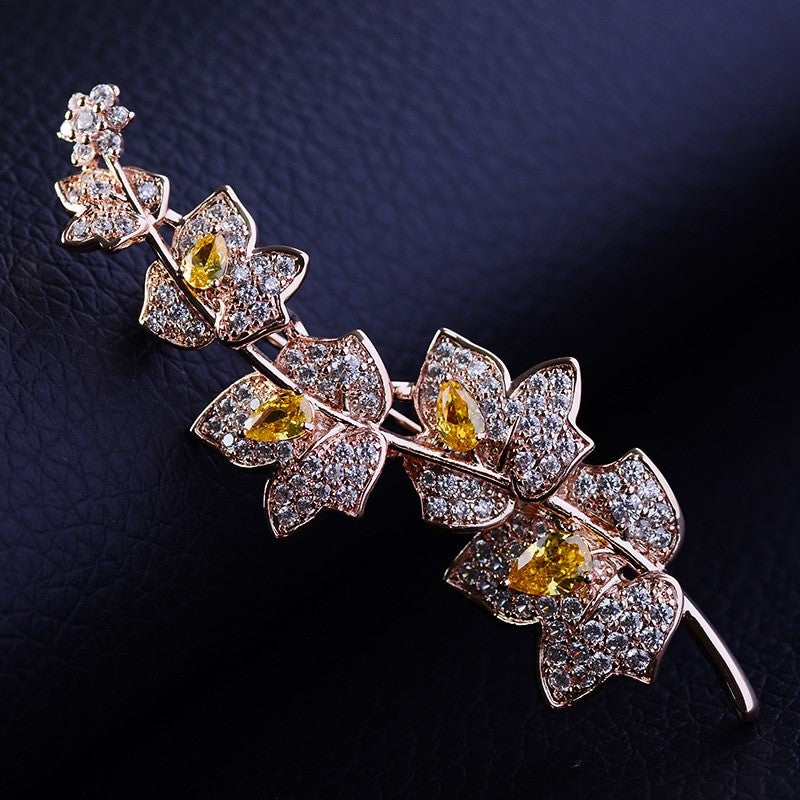 Luxury Brooch, Rose Gold and Yellow Zircon Crystals Leaf Brooch Gift, Vintage Elegant Brooch, Statement Brooch, Suit Brooch, Unique Brooch