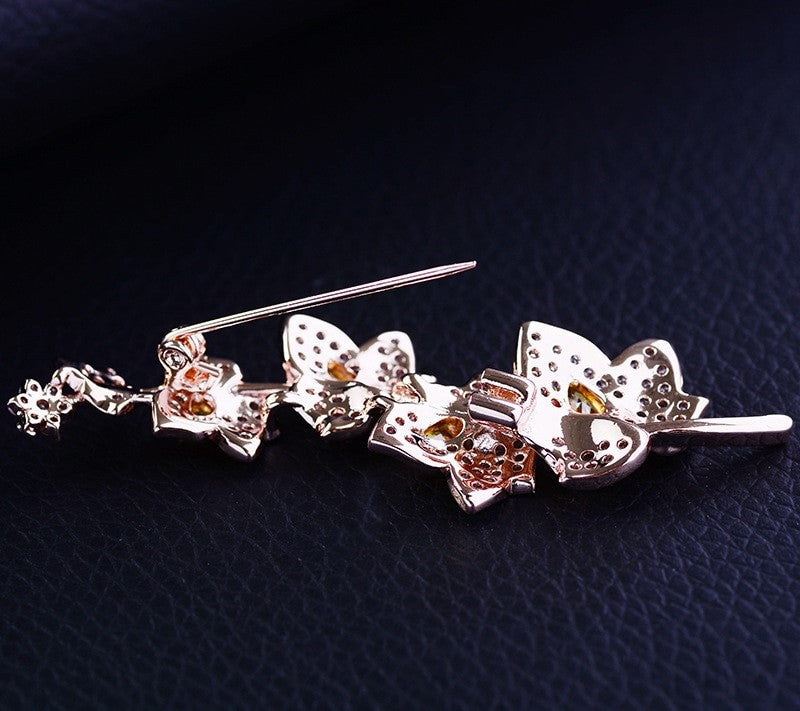 Luxury Brooch, Rose Gold and Yellow Zircon Crystals Leaf Brooch Gift, Vintage Elegant Brooch, Statement Brooch, Suit Brooch, Unique Brooch