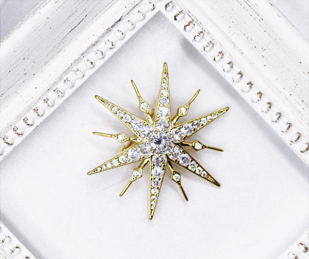 Gold Star Brooch, Gold Statement Brooch, Elegant Brooch, Suit Brooch, Unique Gift, Contemporary Brooch, Unique Brooch, Crystal Jewelry