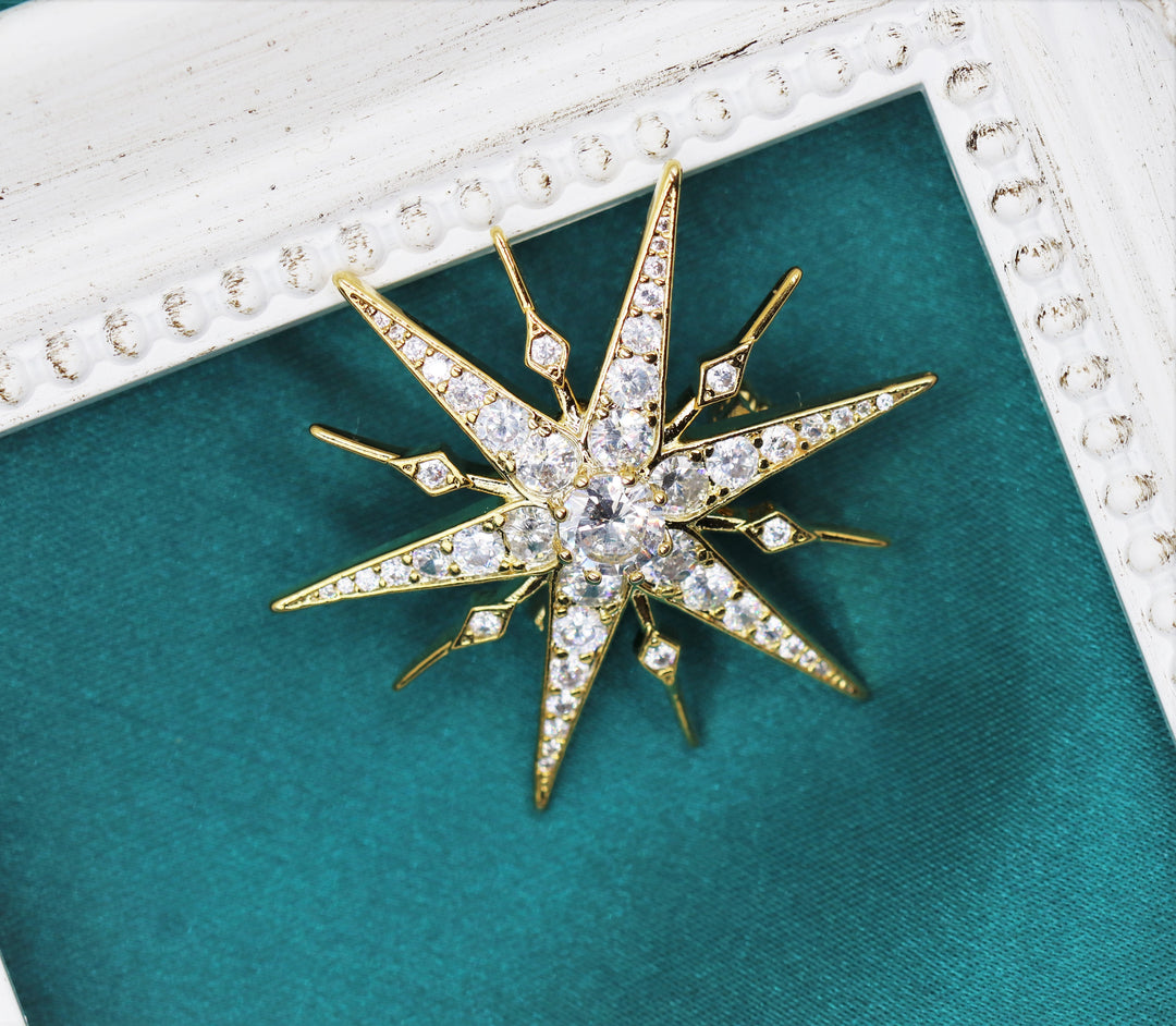 Gold Star Brooch, Gold Statement Brooch, Elegant Brooch, Suit Brooch, Unique Gift, Contemporary Brooch, Unique Brooch, Crystal Jewelry