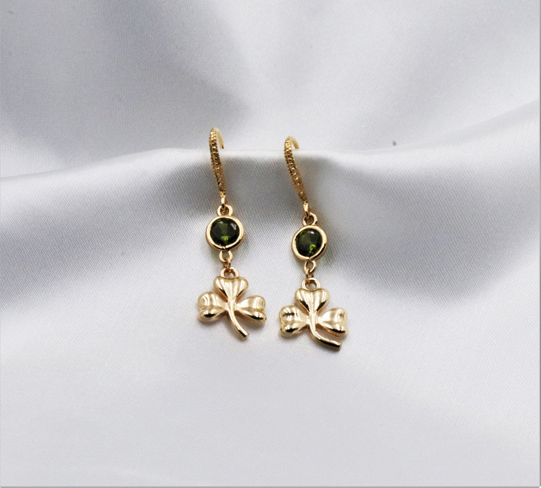 24K Gold Earrings, Statement Earrings, Flower Drop Earrings, Green Crystal Earrings, Clover Earrings, Gift for Women, Gold Jewelry