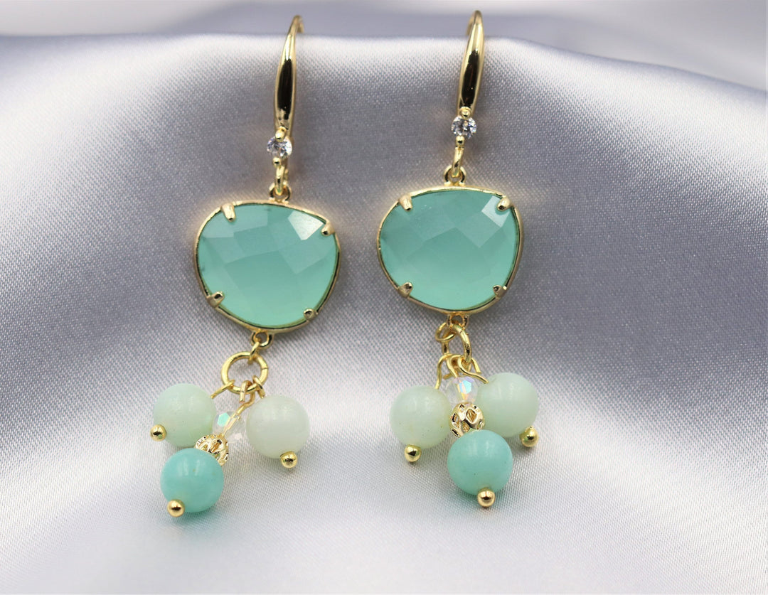 Amazonite Earrings, Turquoise Statement Earrings, Luxury Earrings, 24k Gold Earrings, Gemstone Earrings, Crystal Earrings, Dangle Earrings
