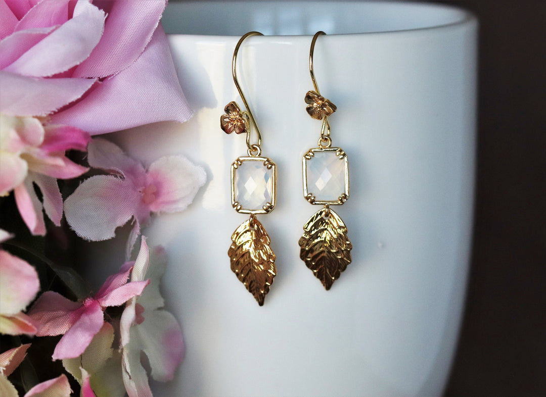 24k Gold Earrings, Boho Leaf Earrings, Crystals, Elegant Dangle Earrings, Crystal Earrings, Boho Chic White Opal Earrings, Gift