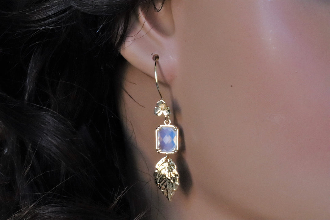 24k Gold Earrings, Boho Leaf Earrings, Crystals, Elegant Dangle Earrings, Crystal Earrings, Boho Chic White Opal Earrings, Gift