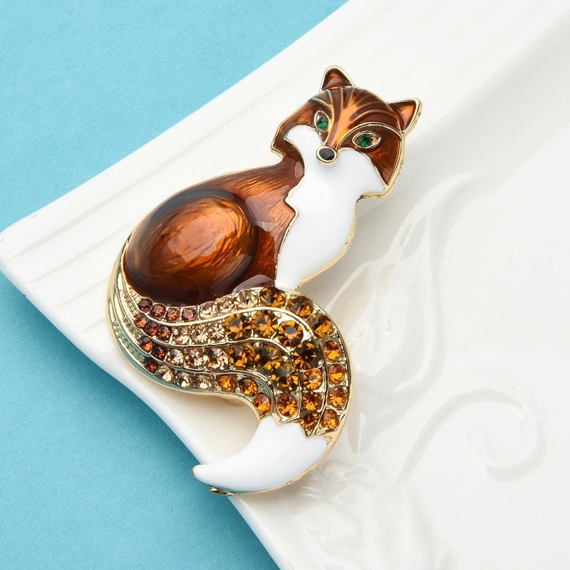 Enamel Fox Brooch, Crystals Vintage Brooch, Elegant Brooch, Gift, Daily Jewelry, Modern Brooch, Unique Brooch Scarf Pin, Crystal Brooch