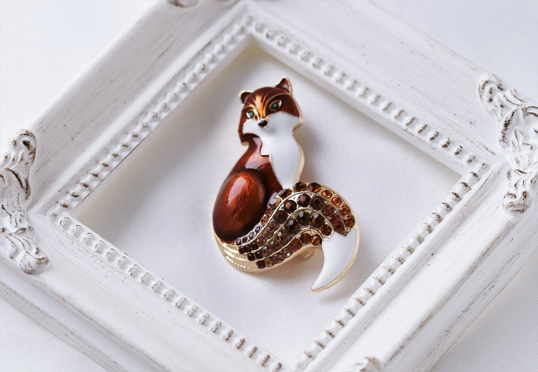 Enamel Fox Brooch, Crystals Vintage Brooch, Elegant Brooch, Gift, Daily Jewelry, Modern Brooch, Unique Brooch Scarf Pin, Crystal Brooch