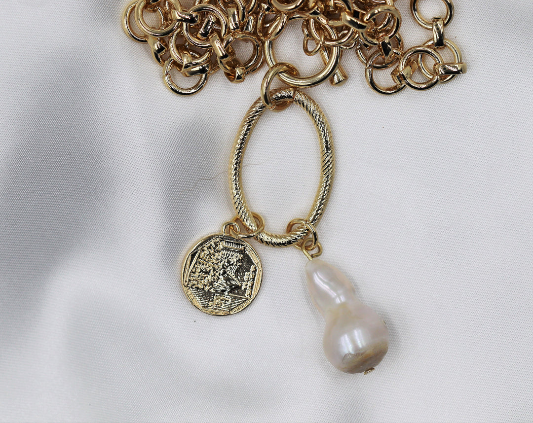 Cultured Pearl Necklace, Good Luck Necklace, Ancient Coin Pendant Necklace, Gift, Natural Freshwater Pearl Necklace, Real Pearl Jewelry