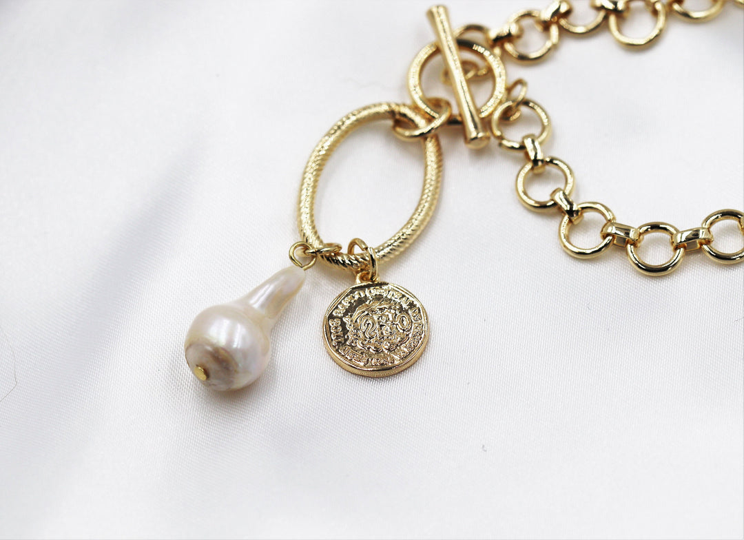 Cultured Pearl Necklace, Good Luck Necklace, Ancient Coin Pendant Necklace, Gift, Natural Freshwater Pearl Necklace, Real Pearl Jewelry