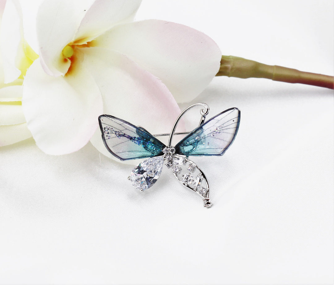 Blue Butterfly Summer Brooch, Elegant Brooch, Beetle Brooch, Statement Brooch, Dress Brooch, Vintage Unique Brooch Gift, Czech Glass Brooch