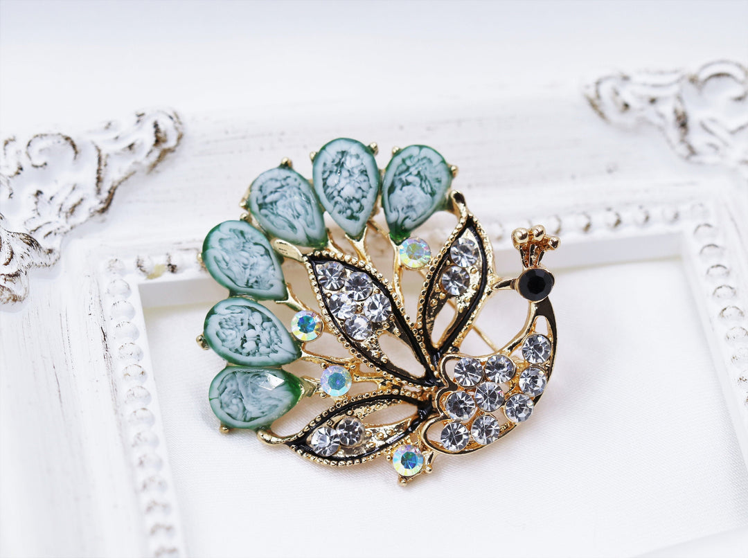Green Peacock Brooch, Enamel Bird Brooch, Vintage Elegant Brooch, Unique Brooch, Statement Brooch Unique Gift, Suit Brooch, Modern Brooch