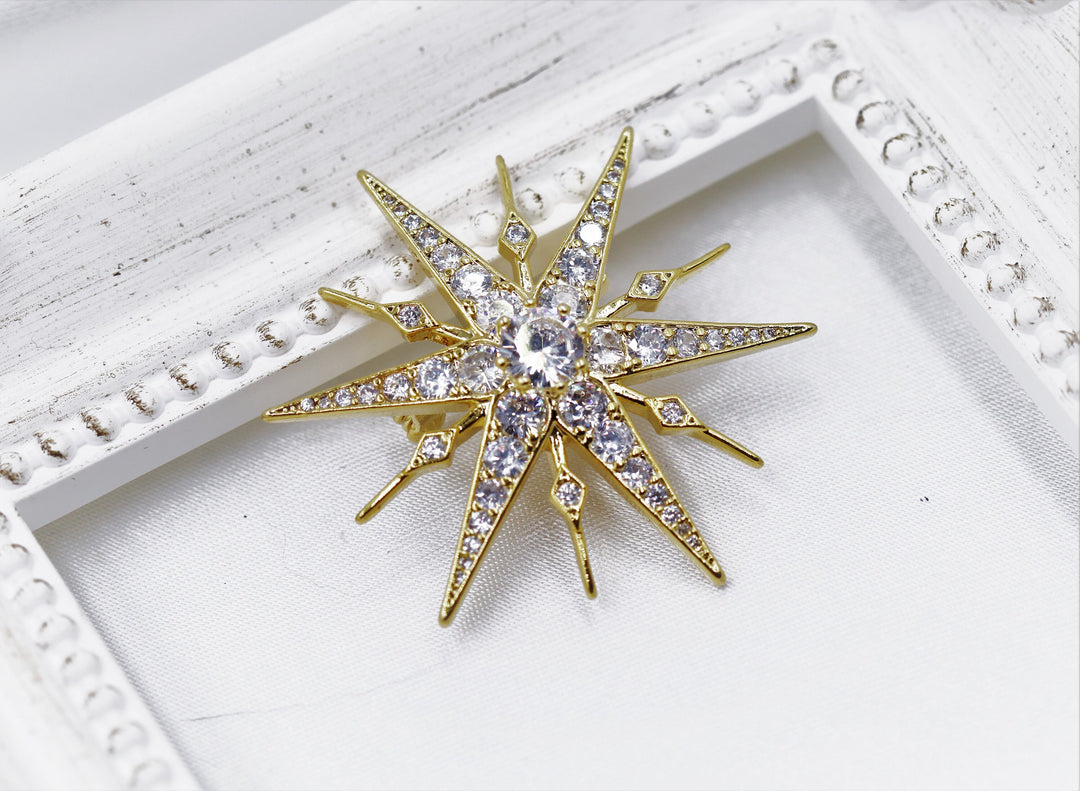 Gold Star Brooch, Gold Statement Brooch, Elegant Brooch, Suit Brooch, Unique Gift, Contemporary Brooch, Unique Brooch, Crystal Jewelry