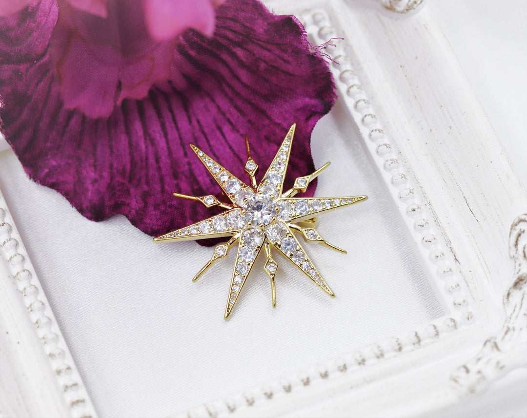 Gold Star Brooch, Gold Statement Brooch, Elegant Brooch, Suit Brooch, Unique Gift, Contemporary Brooch, Unique Brooch, Crystal Jewelry