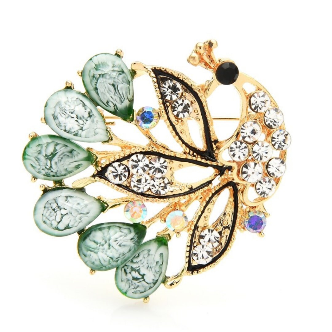 Green Peacock Brooch, Enamel Bird Brooch, Vintage Elegant Brooch, Unique Brooch, Statement Brooch Unique Gift, Suit Brooch, Modern Brooch