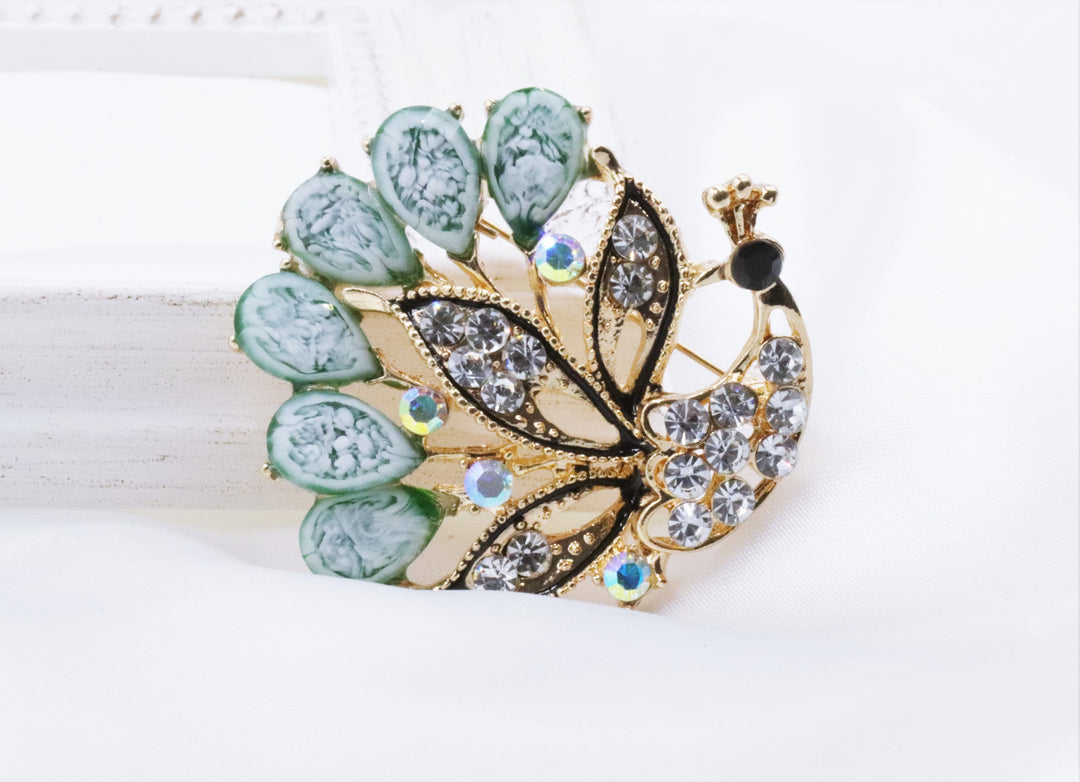 Green Peacock Brooch, Enamel Bird Brooch, Vintage Elegant Brooch, Unique Brooch, Statement Brooch Unique Gift, Suit Brooch, Modern Brooch