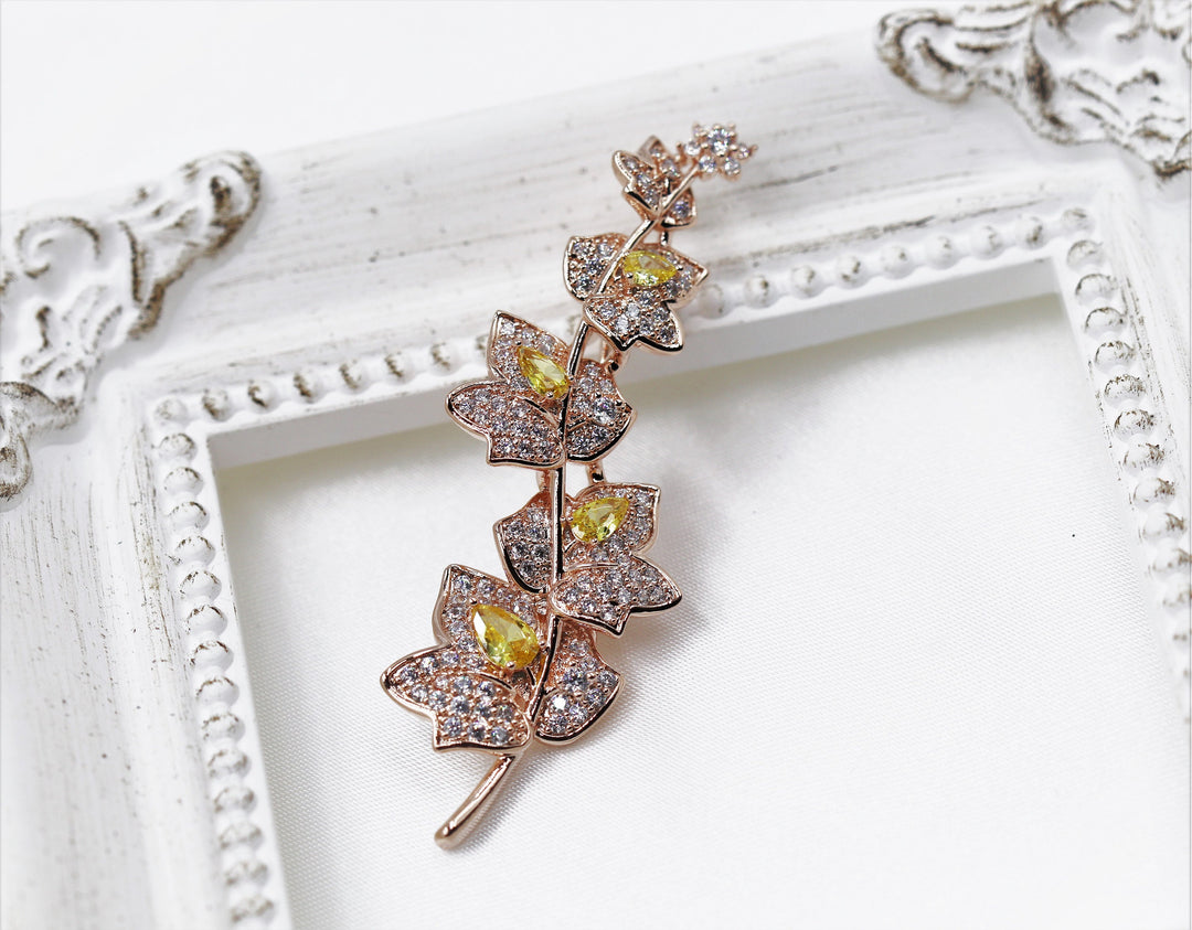 Luxury Brooch, Rose Gold and Yellow Zircon Crystals Leaf Brooch Gift, Vintage Elegant Brooch, Statement Brooch, Suit Brooch, Unique Brooch