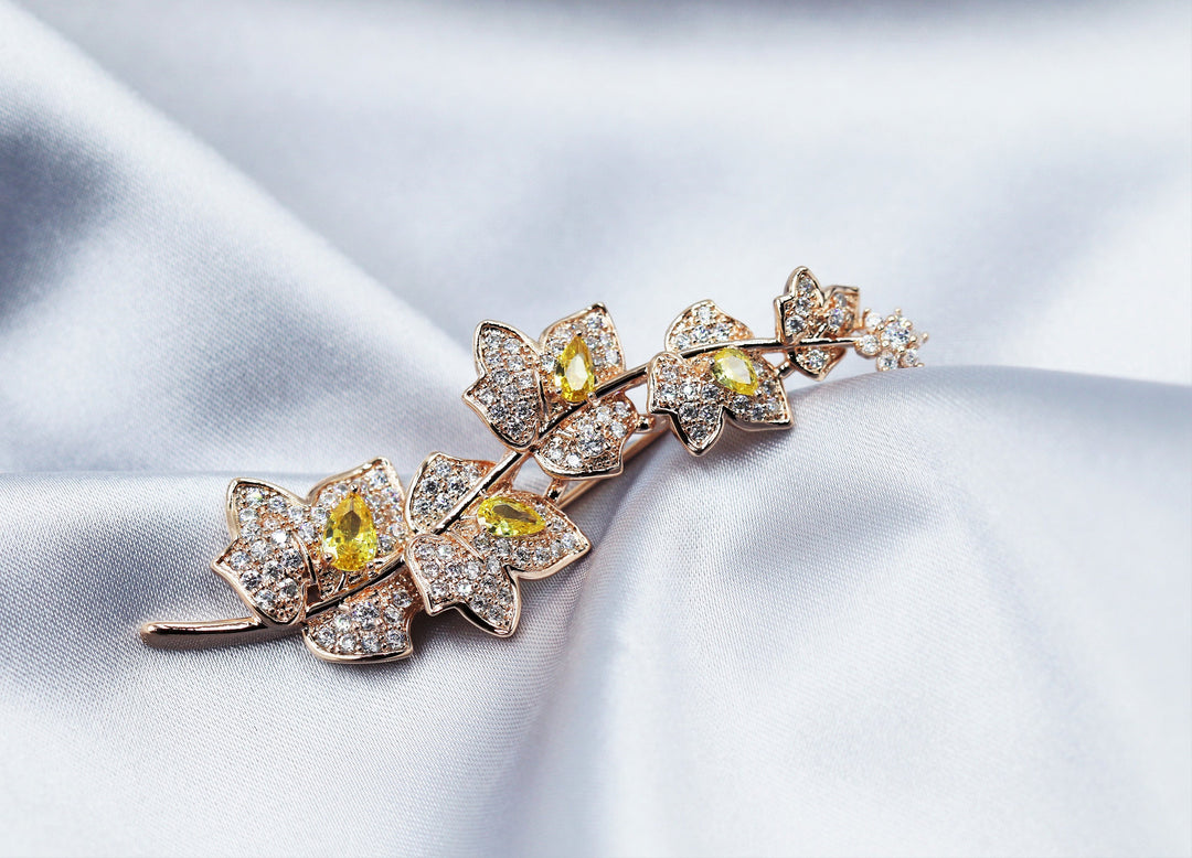 Luxury Brooch, Rose Gold and Yellow Zircon Crystals Leaf Brooch Gift, Vintage Elegant Brooch, Statement Brooch, Suit Brooch, Unique Brooch