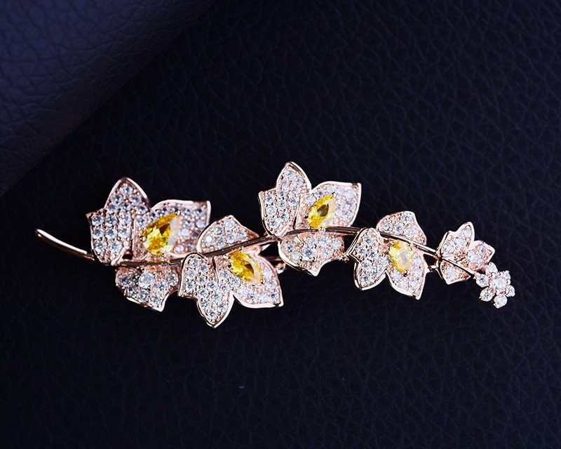 Luxury Brooch, Rose Gold and Yellow Zircon Crystals Leaf Brooch Gift, Vintage Elegant Brooch, Statement Brooch, Suit Brooch, Unique Brooch