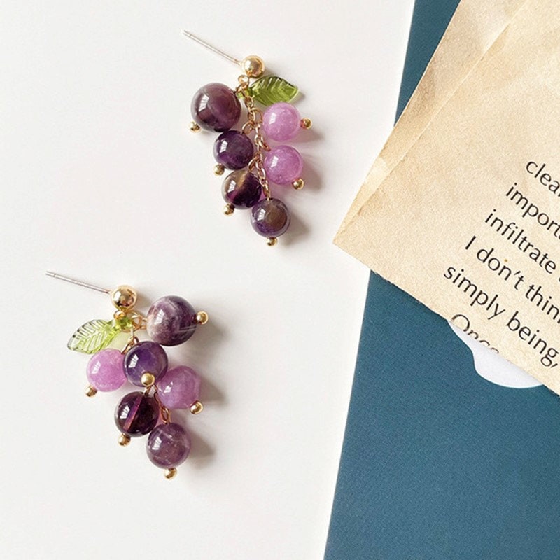 Large Amethyst Earrings, Luxury Earrings, Wirewrapped Jewelry, Purple Fruit Earrings, Classy Earrings, Formal Earrings Gift, Daily Jewelry