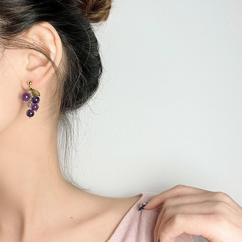 Large Amethyst Earrings, Luxury Earrings, Wirewrapped Jewelry, Purple Fruit Earrings, Classy Earrings, Formal Earrings Gift, Daily Jewelry