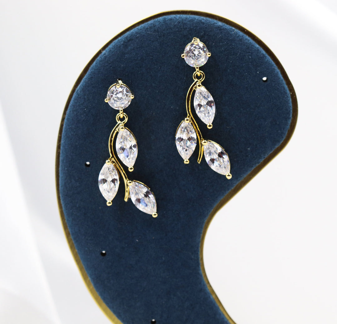 Gold Leaf Stud Earrings, Luxury Earrings, 24k Gold Earrings, Unique Earrings, Zircon Stud Earrings, Formal Earrings Gift, Daily Jewelry