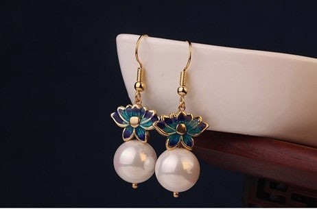 White Pearl & Blue Flower Earrings