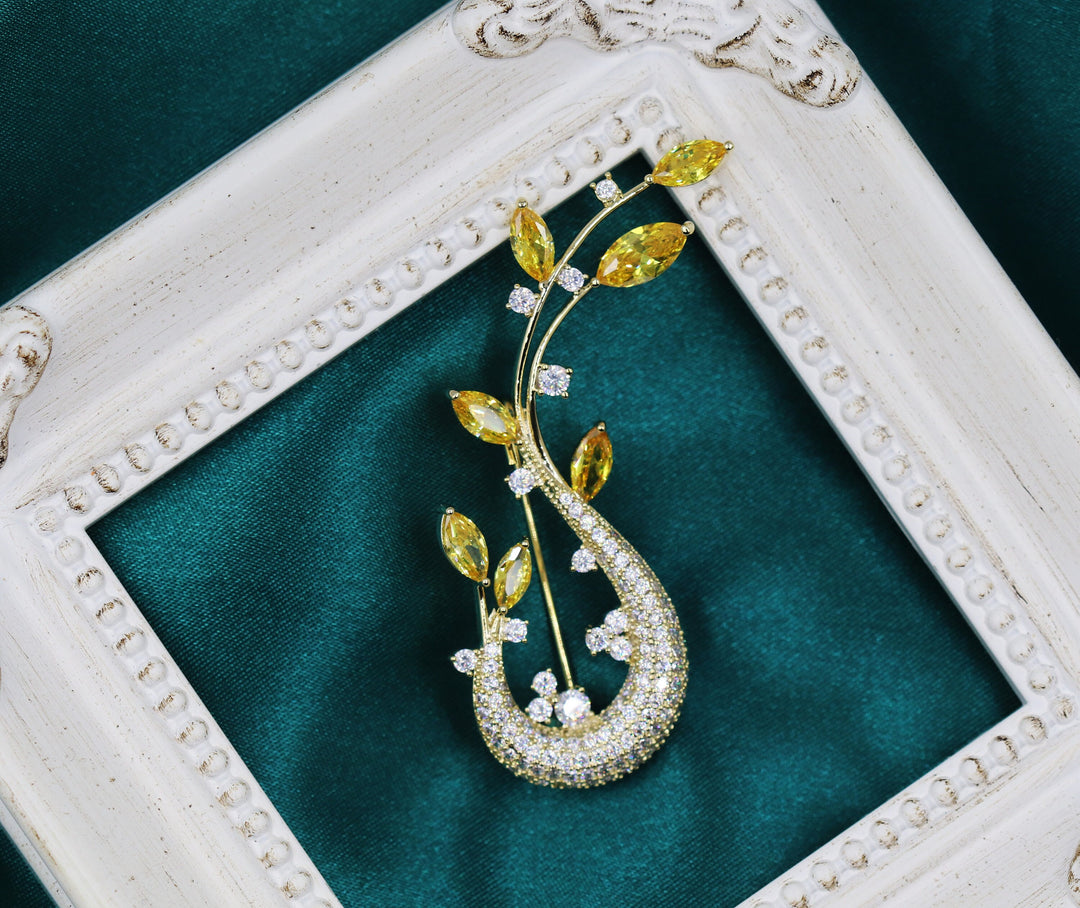 Luxury Brooch, Gold and Yellow Zircon Crystals Leaf Brooch Gift, Cute Brooch, Elegant Brooch, Statement Brooch, Suit Brooch, Unique Brooch