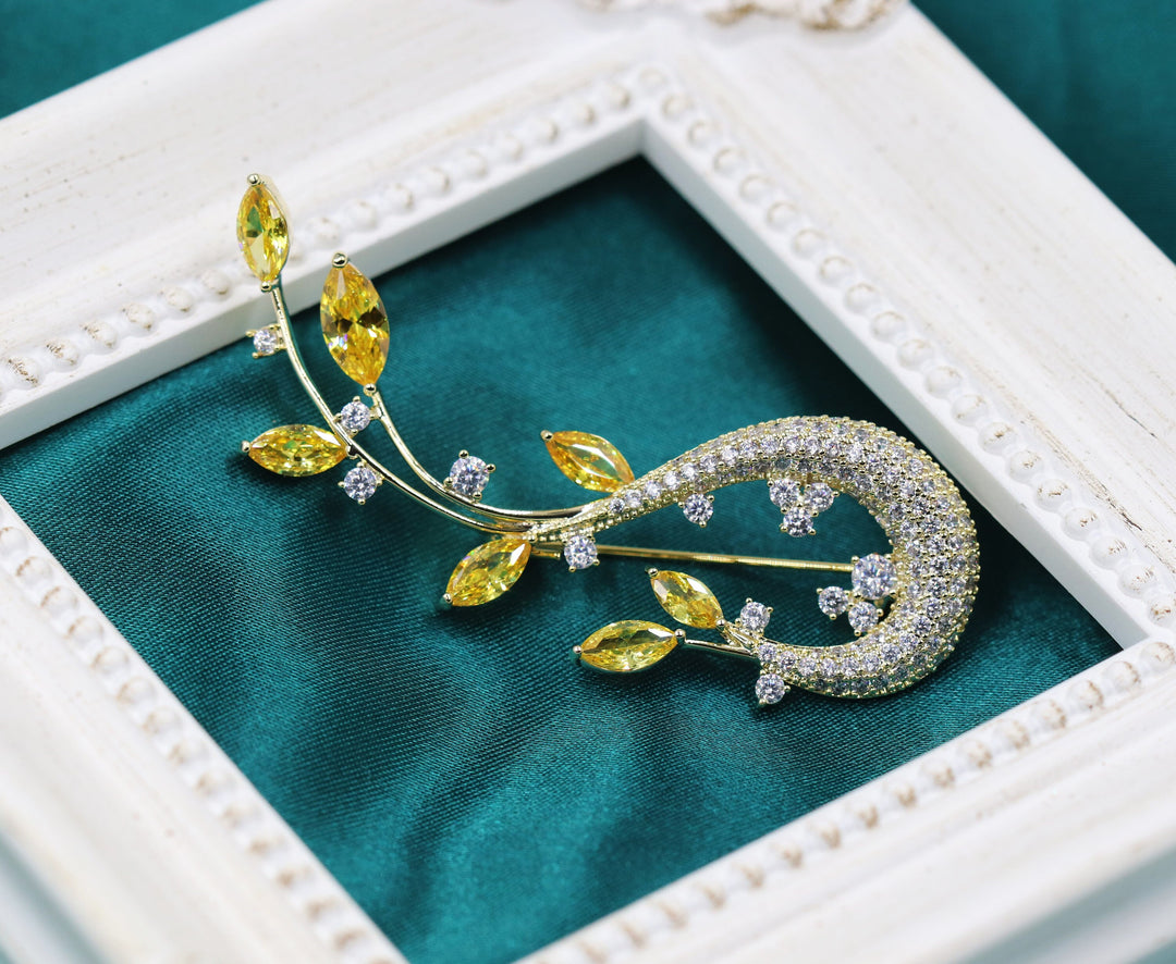 Luxury Brooch, Gold and Yellow Zircon Crystals Leaf Brooch Gift, Cute Brooch, Elegant Brooch, Statement Brooch, Suit Brooch, Unique Brooch