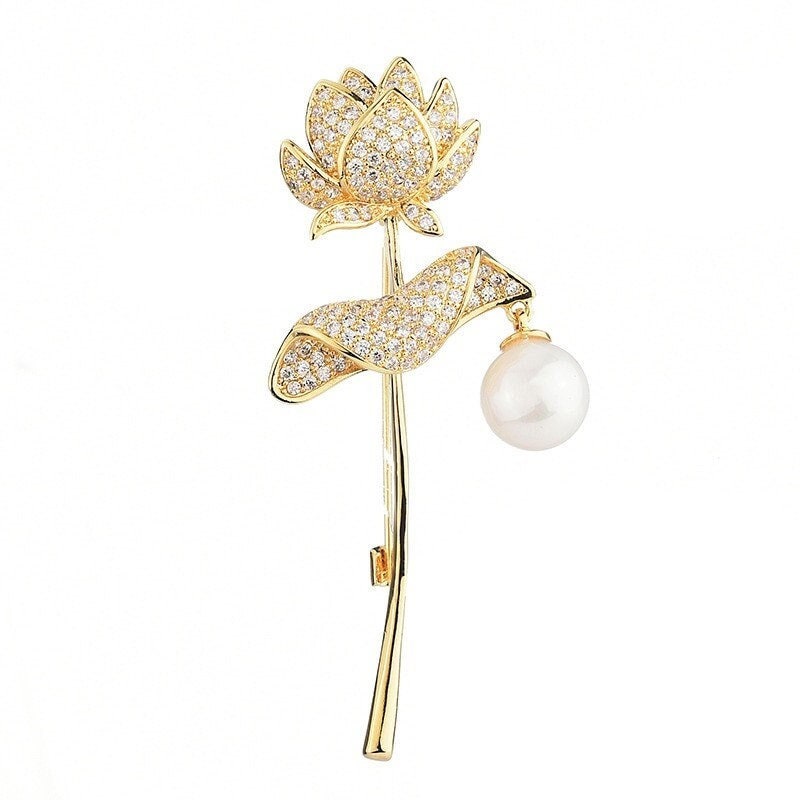 Gold Flower Brooch, Pearl CZ Elegant Brooch, Statement Brooch, Vintage Unique Brooch, Pearl Jewelry, Unique Gift, Modern Brooch, Suit Brooch