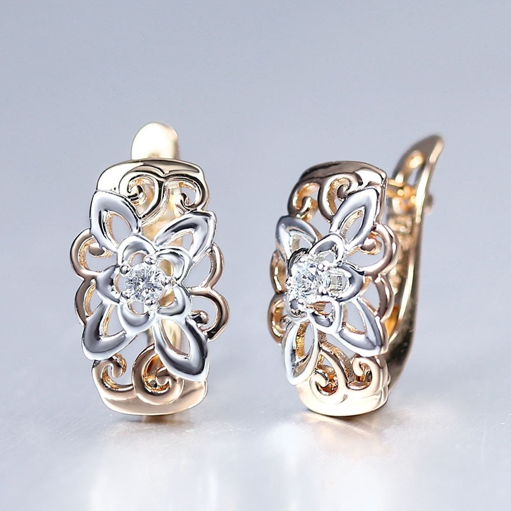 Rose Gold Flower Earrings, 24k Gold Earrings, Luxury Earrings, Unique Earrings Gift, Formal Earrings, Daily Jewelry, Bridal Earrings
