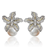 Load image into Gallery viewer, Luxury Earrings, Orchid Flower Earrings, Real Pearl Earrings, Formal Earrings, Bridal Earrings, Silver Earrings, Dangle Earrings
