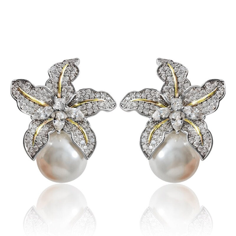 Luxury Earrings, Orchid Flower Earrings, Real Pearl Earrings, Formal Earrings, Bridal Earrings, Silver Earrings, Dangle Earrings