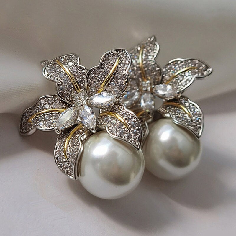 Luxury Earrings, Orchid Flower Earrings, Real Pearl Earrings, Formal Earrings, Bridal Earrings, Silver Earrings, Dangle Earrings