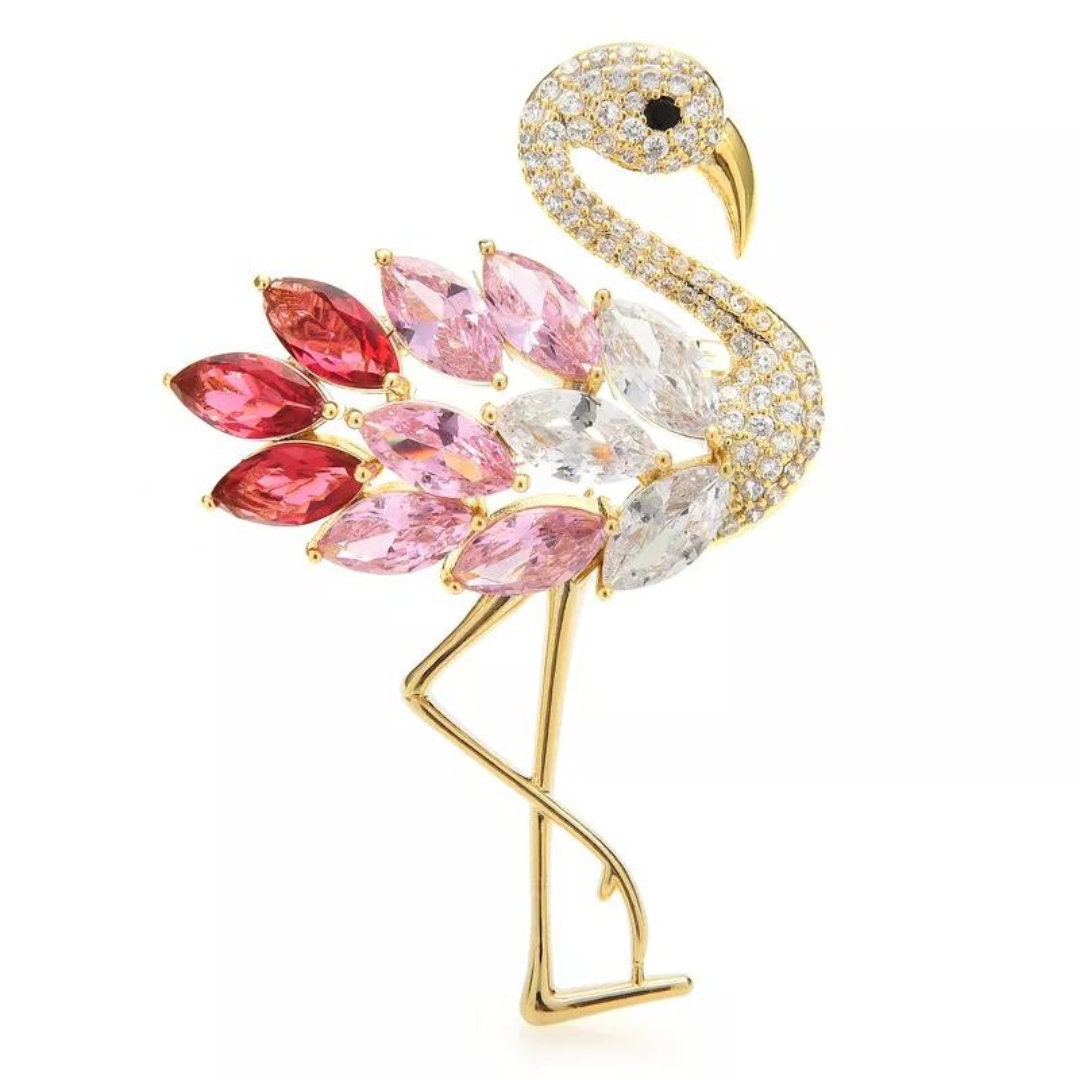 Pink Flamingo Brooch, Luxury Crystal Brooch, 18k Gold Elegant Brooch, Gift, Daily Jewelry, Modern Brooch,  Unique Brooch, Vintage Brooch