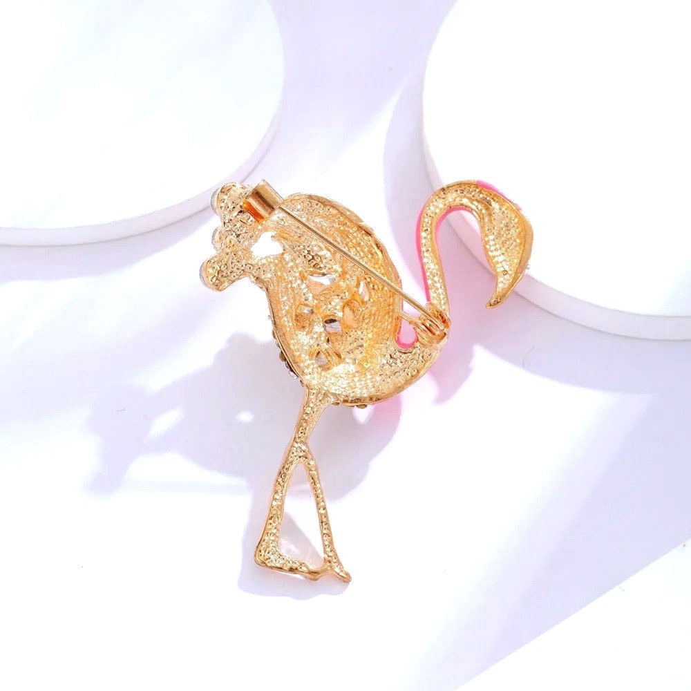 Pink Flamingo Brooch, Enamel Bird Brooch, Crystal Brooch, 18k Gold Elegant Brooch, Luxury Brooch, Gift, Modern Brooch, Unique Brooch