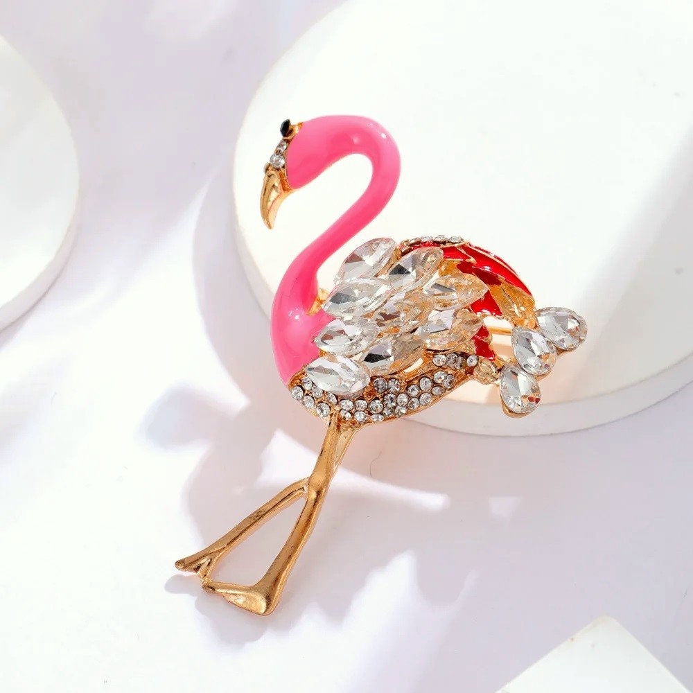 Pink Flamingo Brooch, Enamel Bird Brooch, Crystal Brooch, 18k Gold Elegant Brooch, Luxury Brooch, Gift, Modern Brooch, Unique Brooch