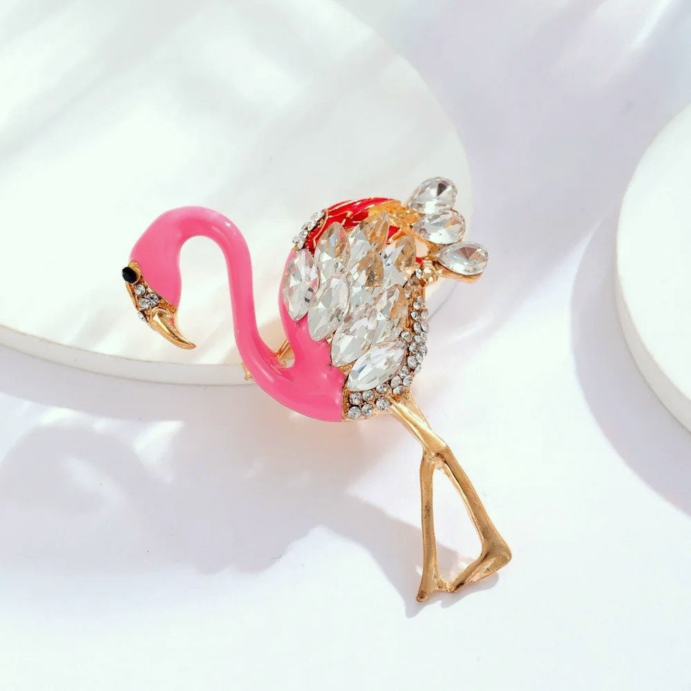 Pink Flamingo Brooch, Enamel Bird Brooch, Crystal Brooch, 18k Gold Elegant Brooch, Luxury Brooch, Gift, Modern Brooch, Unique Brooch