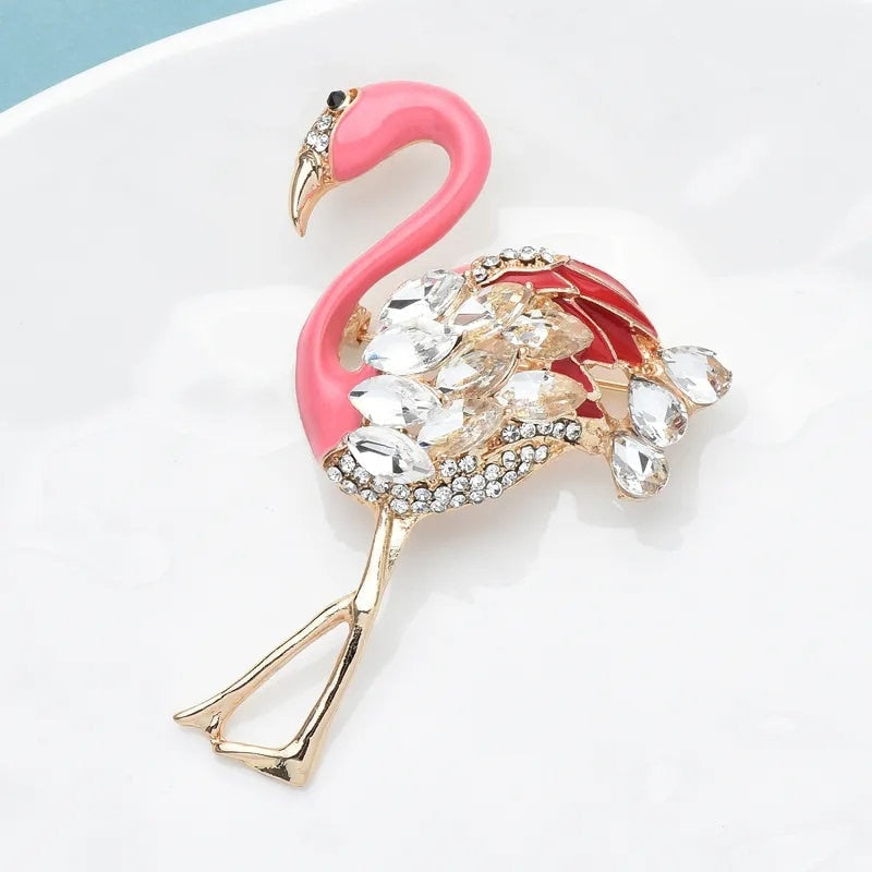 Pink Flamingo Brooch, Enamel Bird Brooch, Crystal Brooch, 18k Gold Elegant Brooch, Luxury Brooch, Gift, Modern Brooch, Unique Brooch